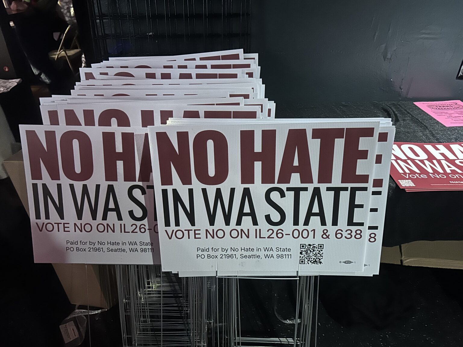 No Hate in WA State yard signs for the campaign against two Let’s Go Washington ballot initiatives. (Photo by Jake Goldstein-Street/Washington State Standard)