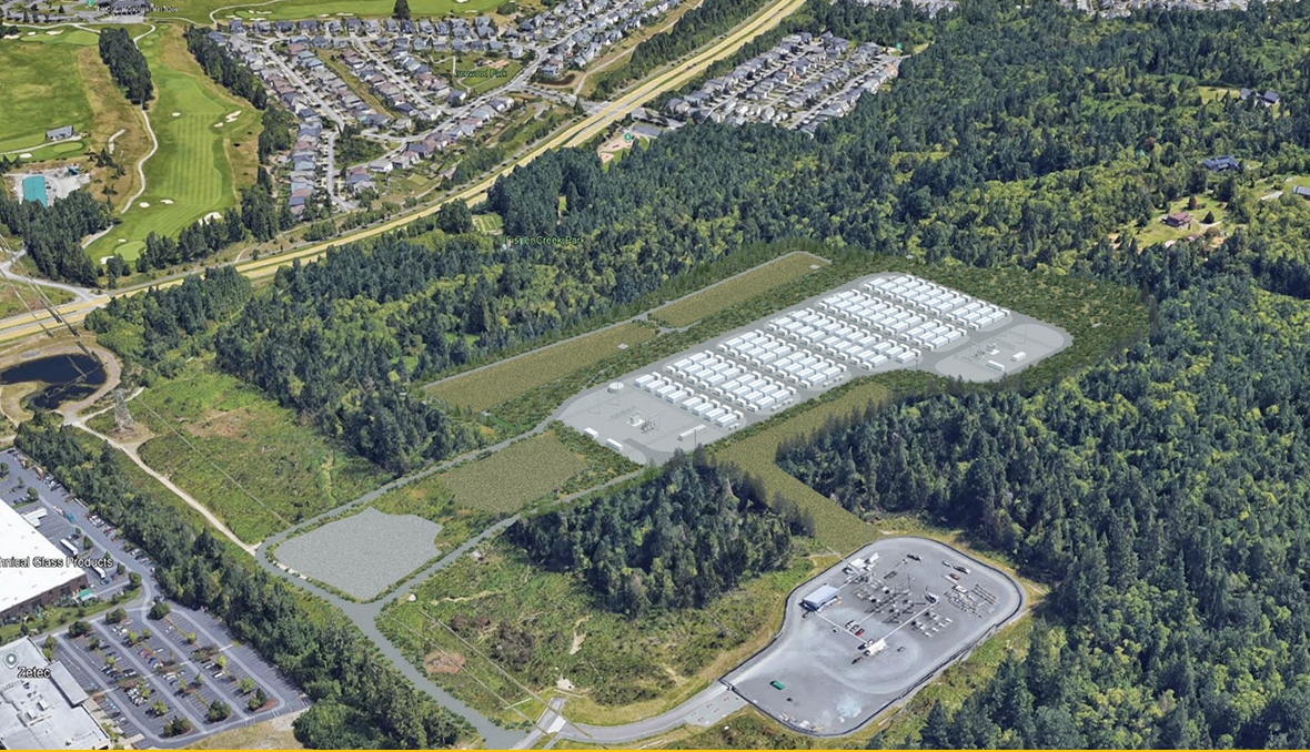 Draft rendering of what a proposed 130 MW battery energy storage system near the city of Snoqualmie could look like. This Jupiter Power project will provide a test of King County’s new battery storage siting standards. (Photo courtesy of Jupiter Power)