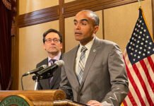 Washington state Attorney General Nick Brown, right, is asking the U.S. Supreme Court to accept a challenge of the political maps for the state Legislature so a lower court can determine if the way the lines were drawn complies with a recent ruling in a Louisiana case. Gov. Bob Ferguson, left, served as attorney general when the redistricting legal fight began.