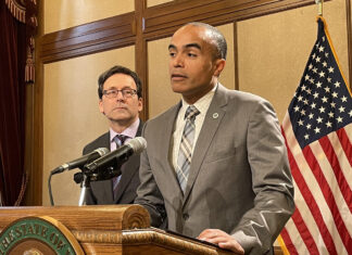 Washington state Attorney General Nick Brown, right, is asking the U.S. Supreme Court to accept a challenge of the political maps for the state Legislature so a lower court can determine if the way the lines were drawn complies with a recent ruling in a Louisiana case. Gov. Bob Ferguson, left, served as attorney general when the redistricting legal fight began.