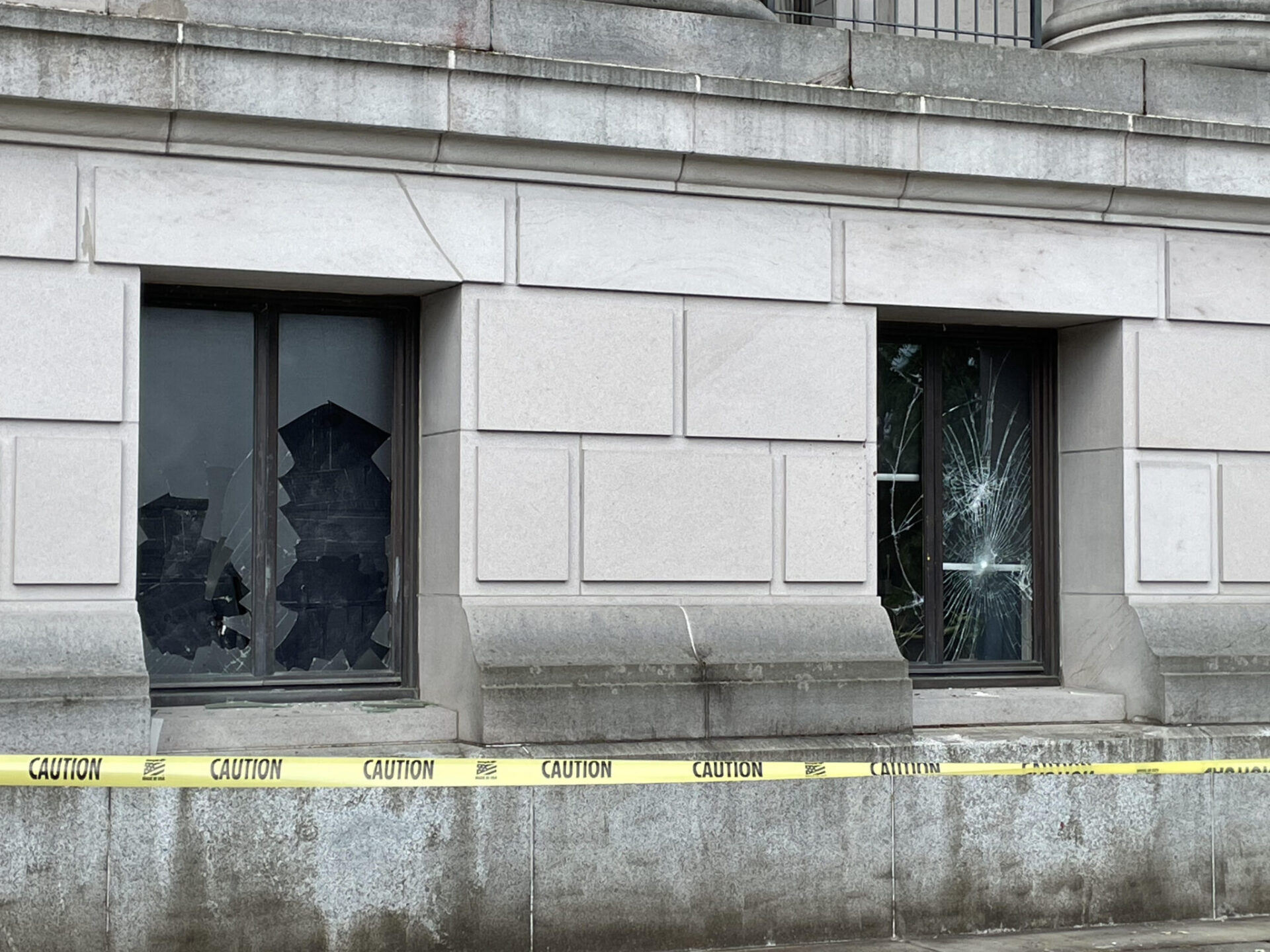 A vandal broke several windows on the side of the Washington state Capitol in the early morning hours of June 4, 2026.