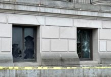 A vandal broke several windows on the side of the Washington state Capitol in the early morning hours of June 4, 2026.