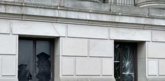 A vandal broke several windows on the side of the Washington state Capitol in the early morning hours of June 4, 2026.