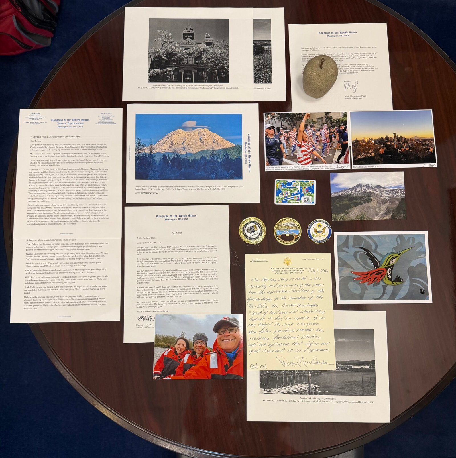 These are items contributed to the congressional time capsule by members of Washington state’s delegation. The capsule, to be buried beneath the U.S. Capitol visitor’s center, will be opened in 2276.
