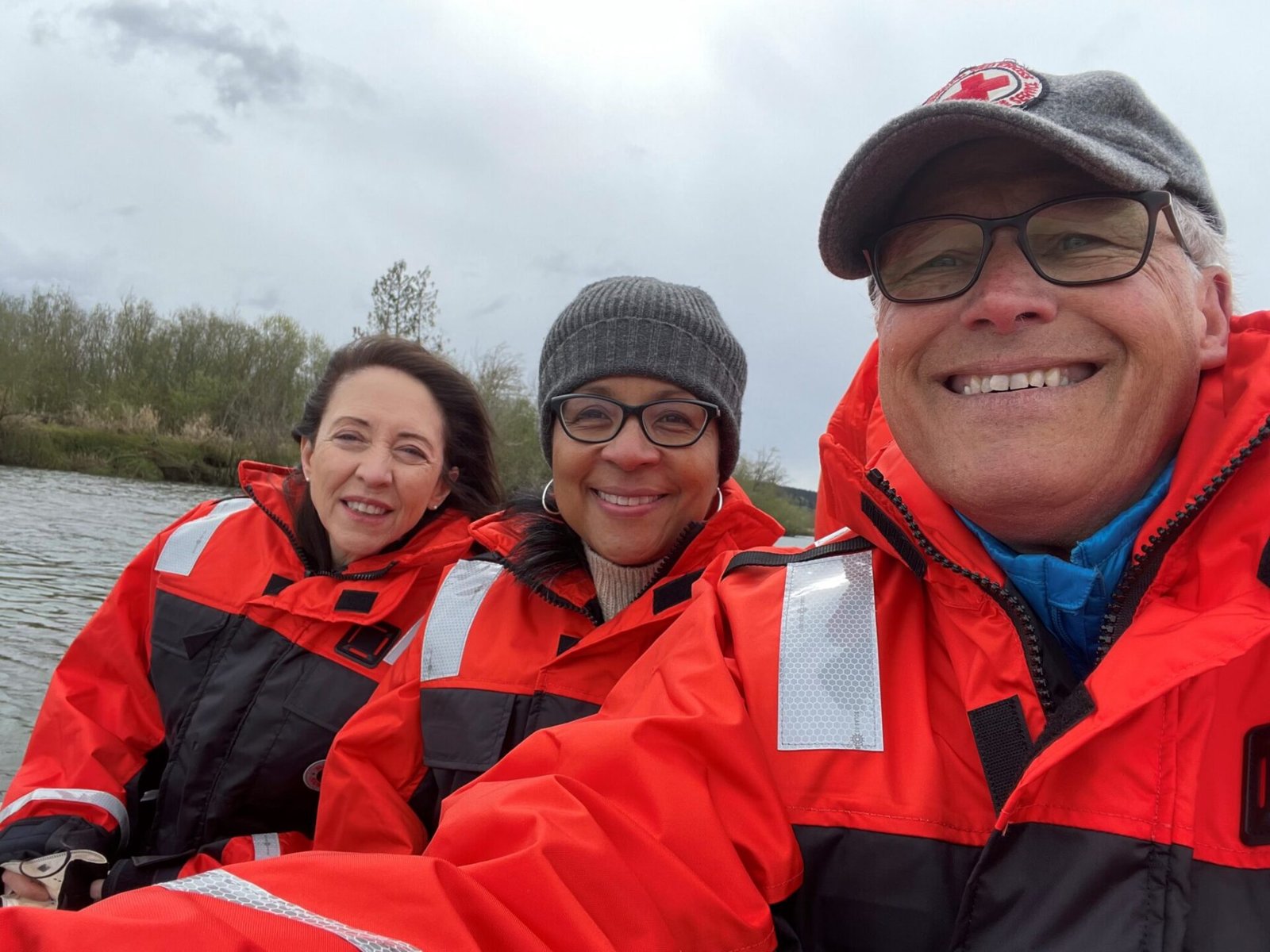 Former Washington Gov. Jay Inslee snaps a selfie with U.S. Sen. Maria Cantwell (left) and U.S. Rep. Marilyn Strickland on the Nisqually River. Strickland contributed the photo to a congressional time capsule to be opened in 2276.