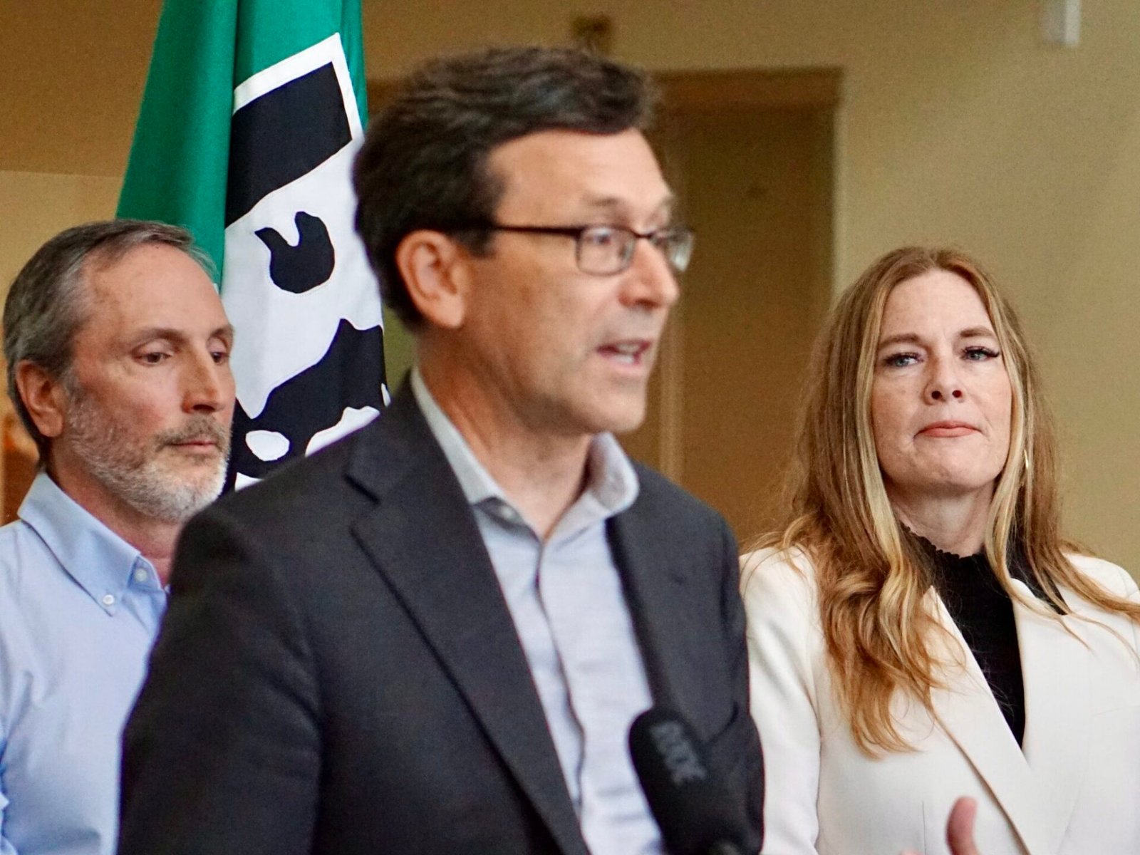 Employment Security Department Commissioner Cami Feek joins Gov. Bob Ferguson at a press conference in May. On Wednesday, Ferguson named Feek as the interim leader of the Department of Enterprise Services. (Photo courtesy of Employment Security Department)
