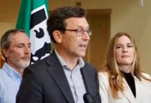 Employment Security Department Commissioner Cami Feek joins Gov. Bob Ferguson at a press conference in May. On Wednesday, Ferguson named Feek as the interim leader of the Department of Enterprise Services. (Photo courtesy of Employment Security Department)