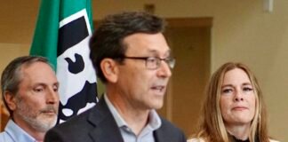Employment Security Department Commissioner Cami Feek joins Gov. Bob Ferguson at a press conference in May. On Wednesday, Ferguson named Feek as the interim leader of the Department of Enterprise Services. (Photo courtesy of Employment Security Department)