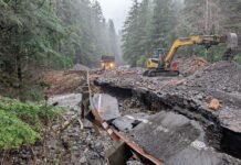 A damaged section of State Route 542 between mileposts 43 and 45 east of Glacier after flooding from an atmospheric river in December 2025. (Photo courtesy of Washington State Department of Transportation)