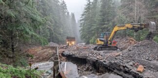 A damaged section of State Route 542 between mileposts 43 and 45 east of Glacier after flooding from an atmospheric river in December 2025. (Photo courtesy of Washington State Department of Transportation)