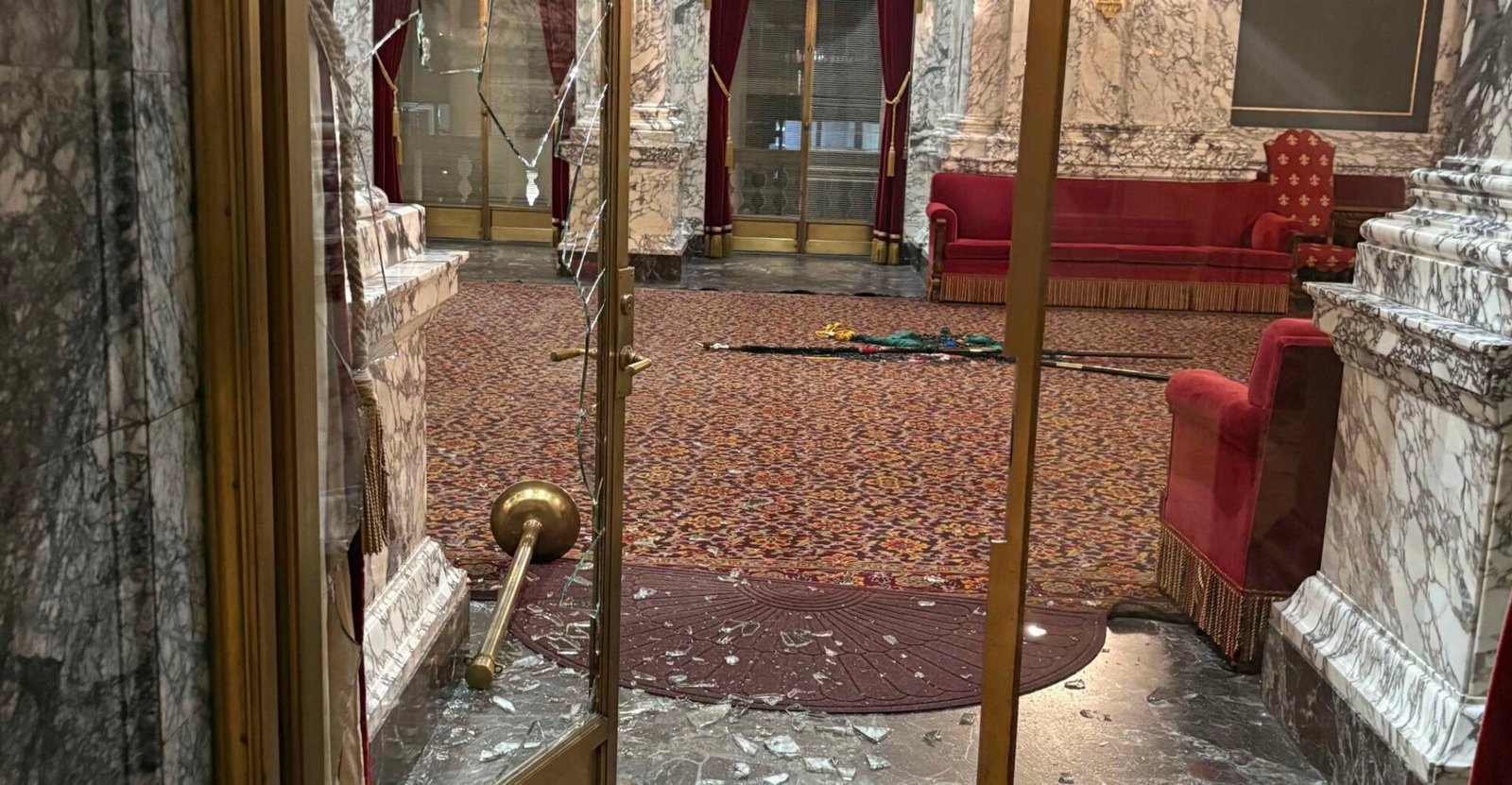 This photo shows damage to the State Reception Room at the Washington state Capitol after an intruder broke in on Sunday, Oct. 5, 2025. (Photo courtesy of Department of Enterprise Services)