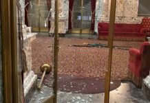 This photo shows damage to the State Reception Room at the Washington state Capitol after an intruder broke in on Sunday, Oct. 5, 2025. (Photo courtesy of Department of Enterprise Services)