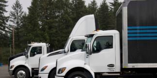 Kenworth electric heavy-duty trucks are among those available for the Washington Zero-Emission Program. (Photo by Aspen Ford/Washington State Standard)