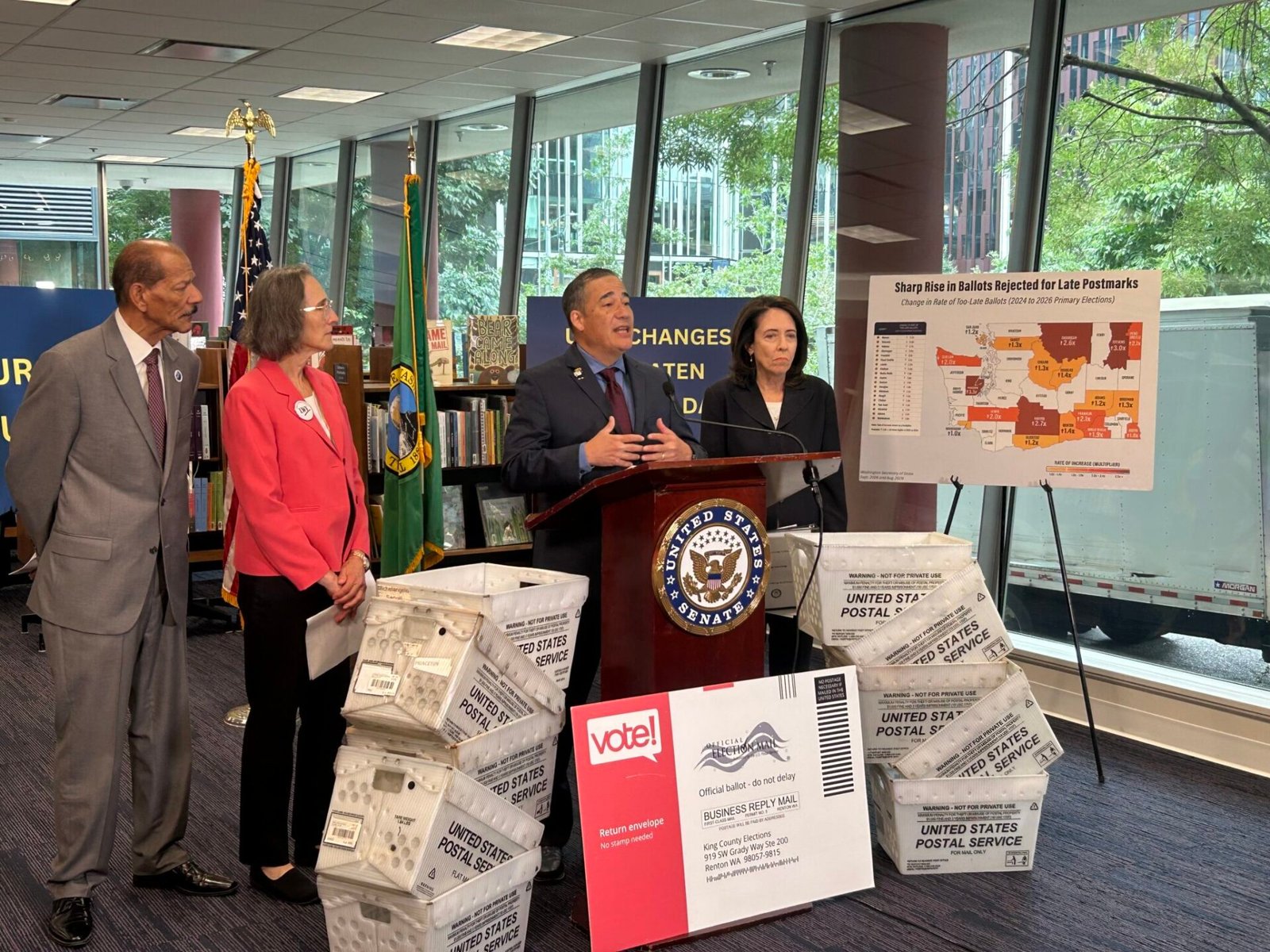 Washington Secretary of State Steve Hobbs speaks about the importance of returning ballots early alongside U.S. Sen. Maria Cantwell, right, and leaders from the Seattle King County NAACP and the League of Women Voters of Snohomish County on Wednesday, Sept. 2, 2026, in Seattle. (Photo by Jake Goldstein-Street/Washington State Standard)