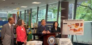 Washington Secretary of State Steve Hobbs speaks about the importance of returning ballots early alongside U.S. Sen. Maria Cantwell, right, and leaders from the Seattle King County NAACP and the League of Women Voters of Snohomish County on Wednesday, Sept. 2, 2026, in Seattle. (Photo by Jake Goldstein-Street/Washington State Standard)