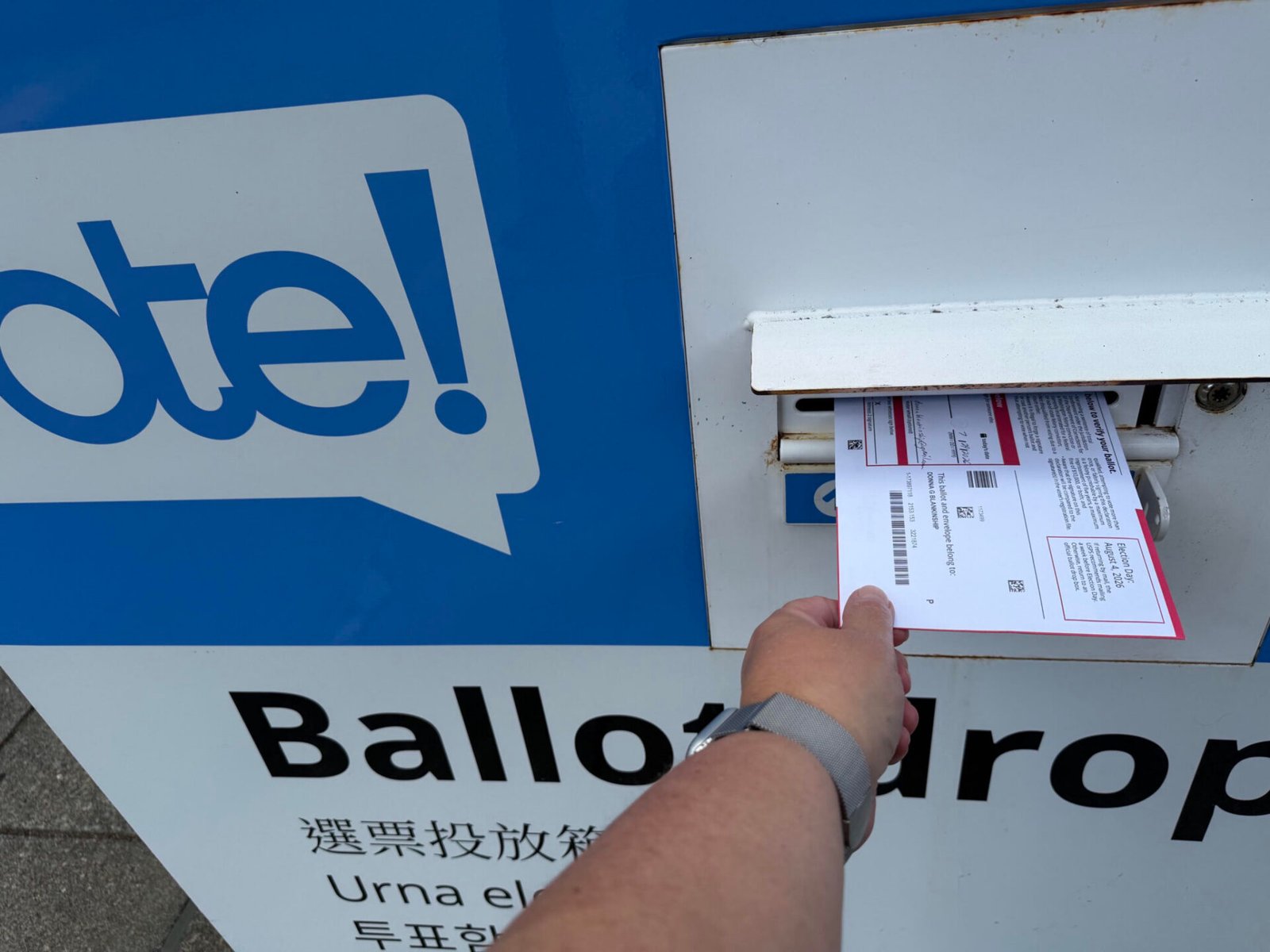 Washington state election officials encourage voters to return ballots via designated drop boxes to ensure they arrive in time to be counted. In the primary, the state tallied a higher number of ballots with late postmarks than prior years. (Photo by Donna Gordon Blankinship/Washington State Standard)