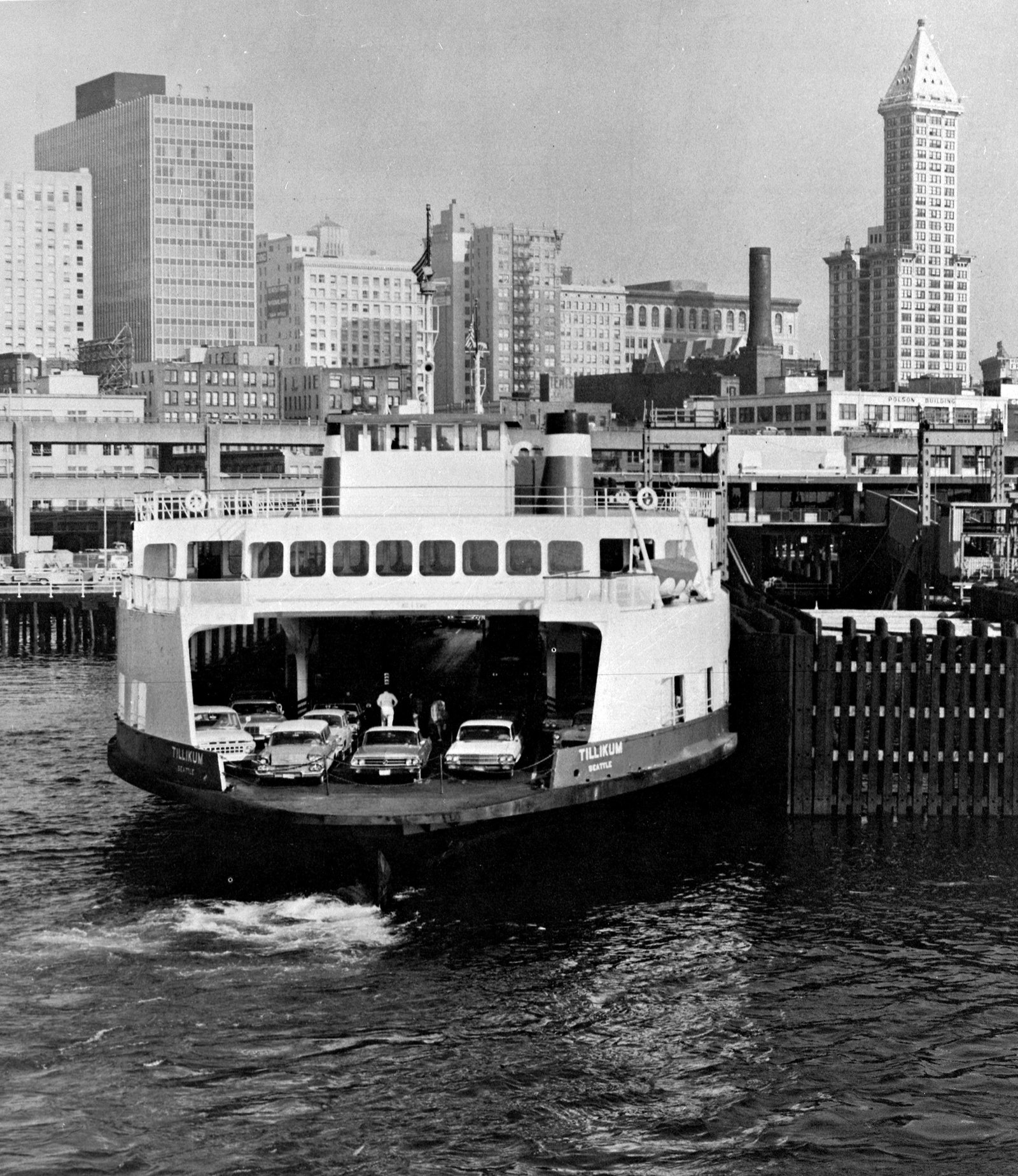 The Tillikum became the “big boat” on the Seattle-Bainbridge ferry route when it entered service n 1959. The Smith Tower, at top right, was still the tallest building in Seattle back then. (Photo courtesy of Washington State Archives)