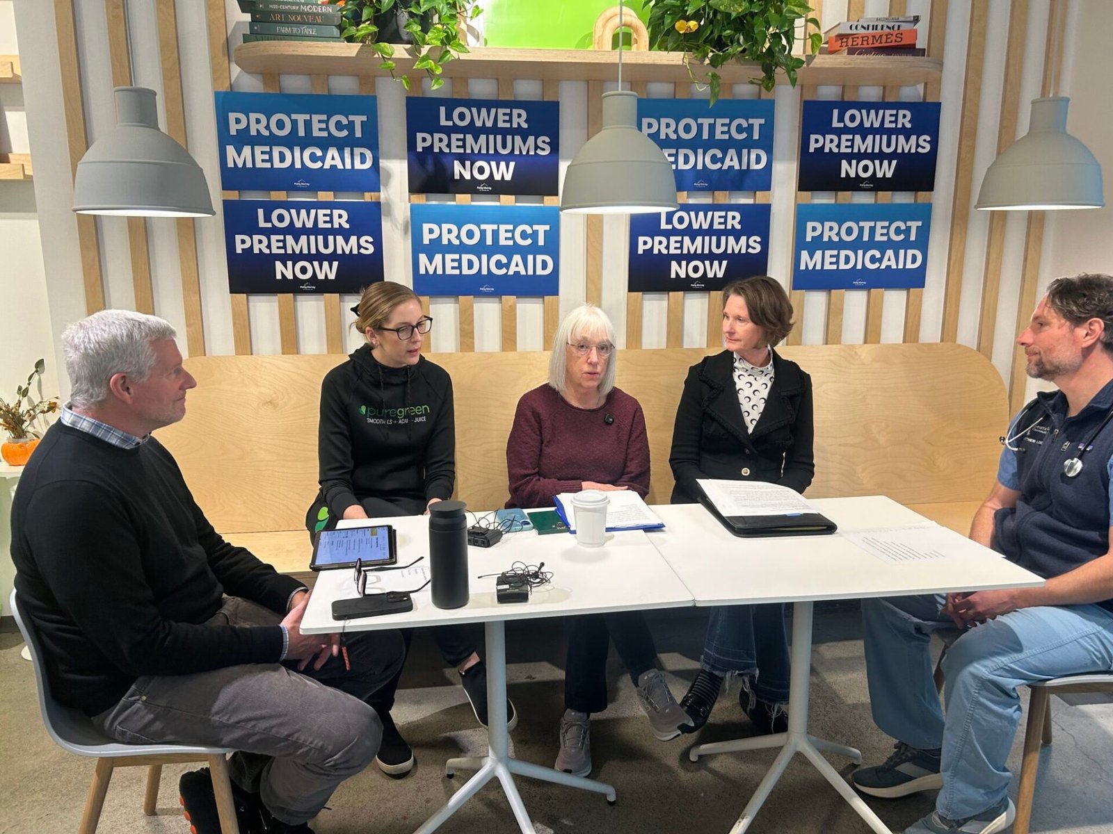 U.S. Sen. Patty Murray hosts a roundtable on rising health insurance costs alongside Insurance Commissioner Patty Kuderer, center-right, small business owners and a local physician on Thursday, Oct. 29, 2026, in Seattle, Washington. (Photo by Jake Goldstein-Street/Washington State Standard)