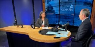Department of Social and Health Services Secretary Angela Ramirez, left, discusses her department’s approach to tight state budgets and federal policy changes with “Inside Olympia” host Austin Jenkins, right. (Photo courtesy of TVW)