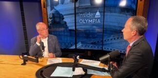 Washington Policy Center Vice President of Research Todd Myers, left, joins “Inside Olympia” host Austin Jenkins, right, to discuss whether the state should make it easier for utilities to meet its clean energy mandates. (Photo courtesy of TVW)