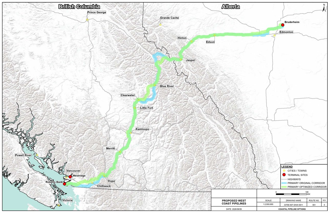 The proposed Pacific Link pipeline would be buried alongside the existing Trans Mountain pipeline for most of its route, until a divergence in the suburbs of Vancouver, British Columbia, where it would branch off to a new deepwater export terminal close to the U.S. border. (Source: Government of Alberta)