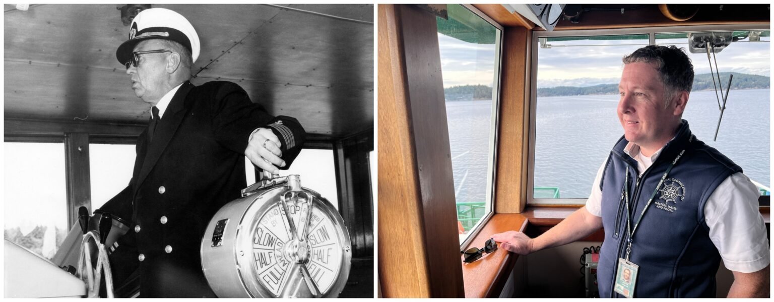 Then and now. At left, Captain Theodore Thorson at the helm of the Tillikum in 1965. At right, Captain Justin McCaughan in the same pilothouse in late September 2026. (Photos  from Washington State Archives (left) and by Tom Banse)