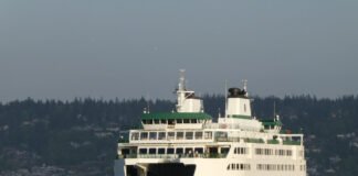 The state ferry Tokitae, seen here approaching Whidbey Island. (Photo by Tom Banse)