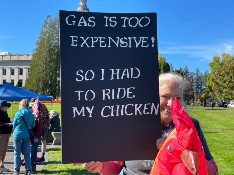 Joyce Schmidt of Olympia, Washington, incited lots of smiles as she moved the crowd at the No Kings rally at the state Capitol on Oct. 17, 2026. (Photo by Jerry Cornfield/Washington State Standard)