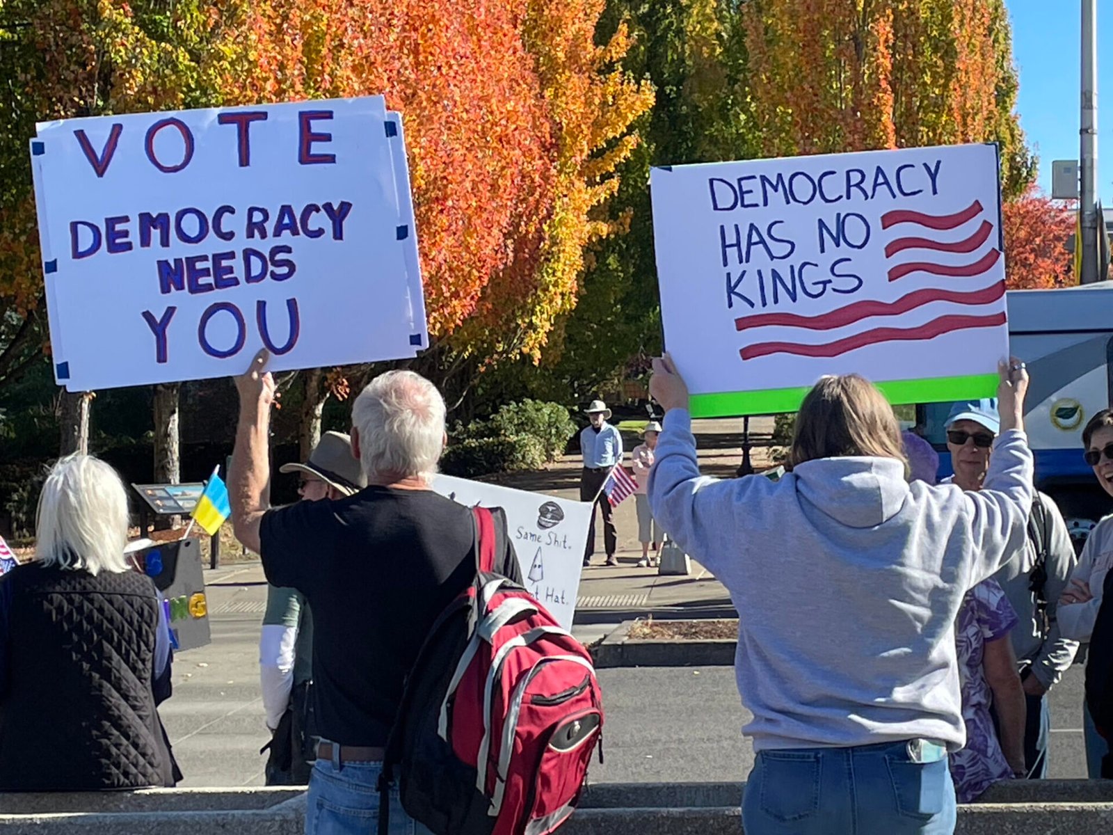 No Kings demonstrators carried signs on Oct. 17, 2026, bearing messages about the importance of both voting and voting early to prevent doubt later when results are tallied. (Photo by Jerry Cornfield/Washington State Standard)
